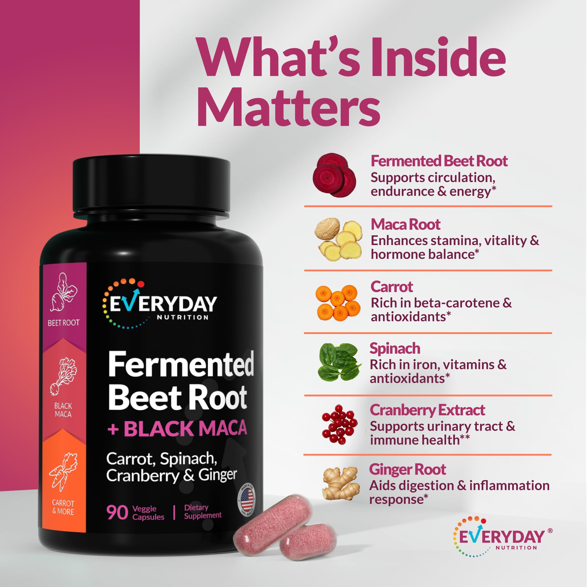 EVERYDAY NUTRITION Organic Fermented Beet Root & Black Maca Capsules with Carrot, Spinach, Cranberry & Ginger | Superfood for Energy, Stamina & Wellness | 90 Veggie Capsules | Made in USA EVERYDAY NUTRITION Au supplements