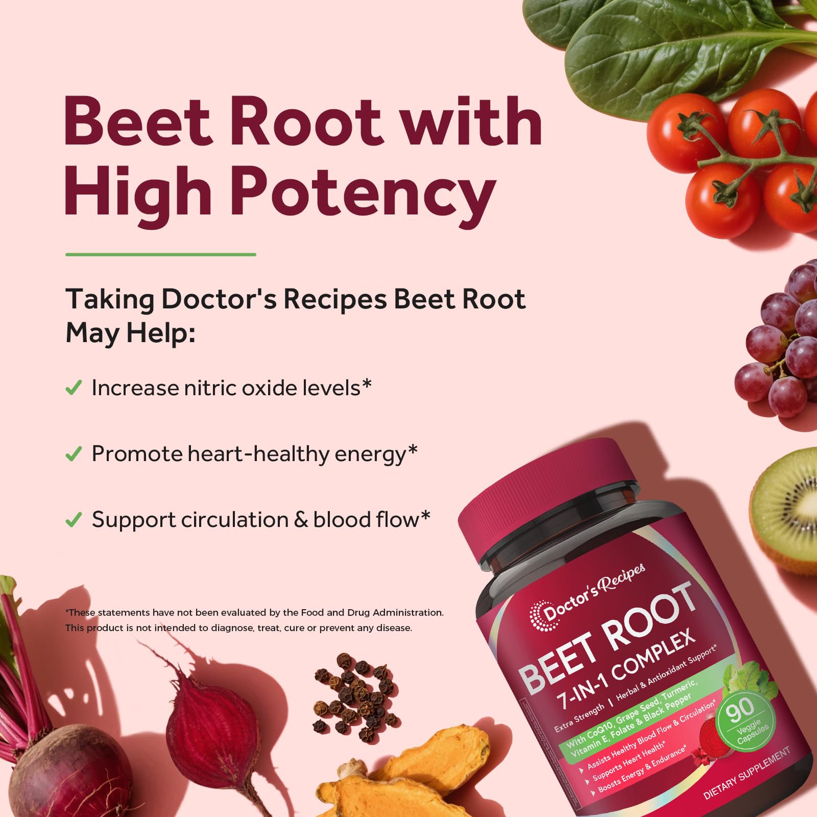 Doctor's Recipes Beet Root Capsules, 20:1 Extract with Grape Seed, CoQ10, Turmeric, Black Pepper for Enhanced Absorption, Supports Heart, Circulation, Energy & Nitric Oxide, Non-GMO, 90 Veg Caps Doctor's Recipes Au supplements