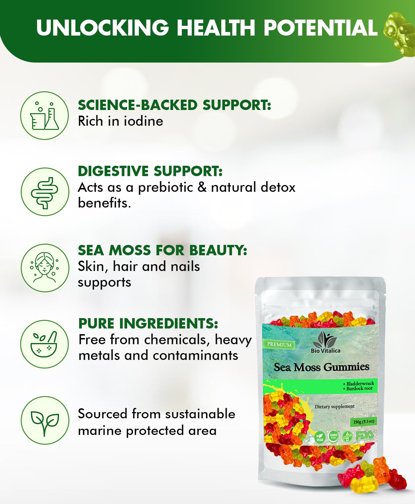 BIO VITALICA Sea Moss Gummies – with Bladderwrack & Burdock Root – Wildcrafted Gel + Powder – Vegan, Keto, Non-GMO, Gluten-Free – Fruity Mineral-Rich Gummies – 50 Count (3 Pack) BIO VITALICA Au supplements