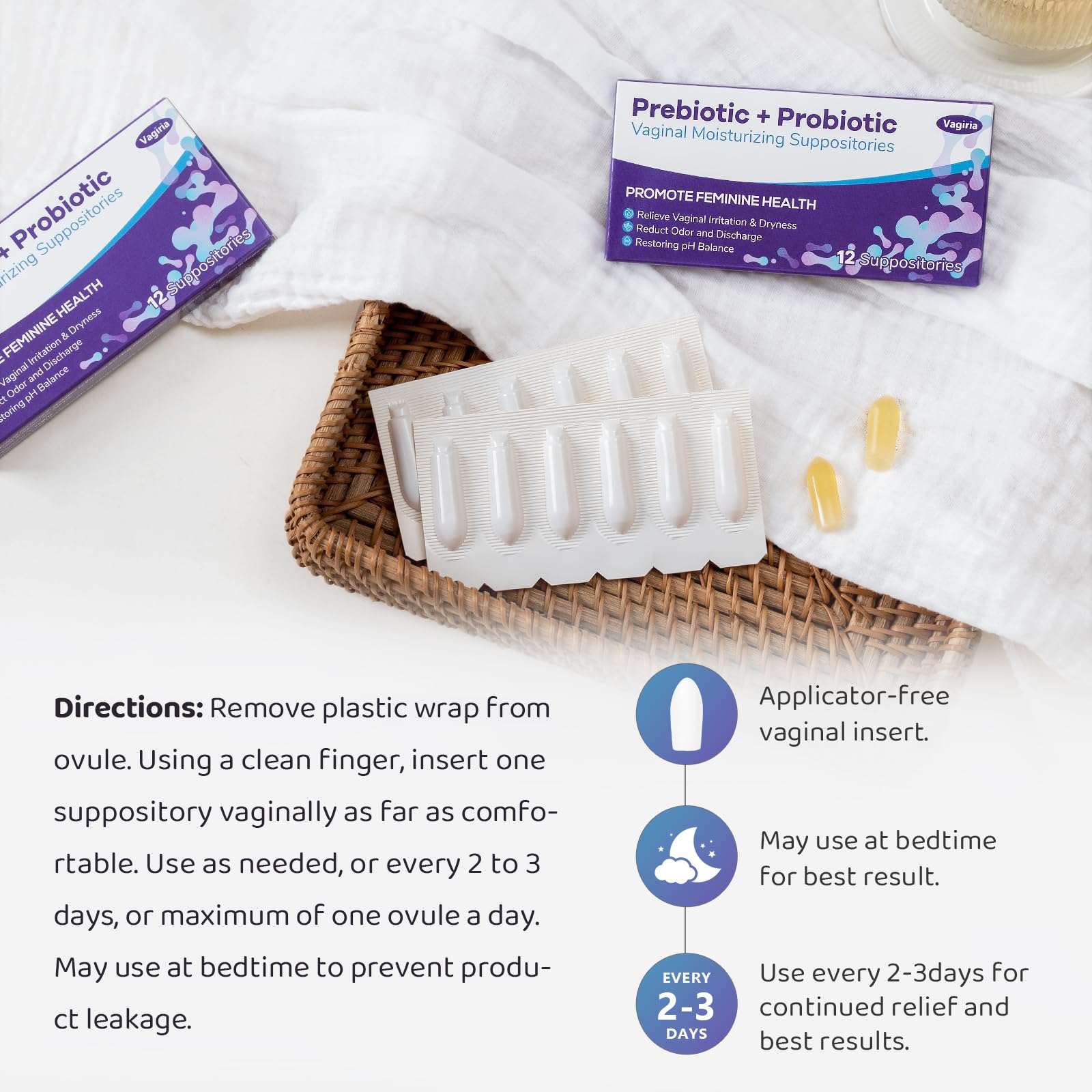 Vaginal Probiotic Suppositories, Prebiotic Infused with Hyaluronic Acid, Tea Tree, and Vitamin C&E Vagiria Au supplements