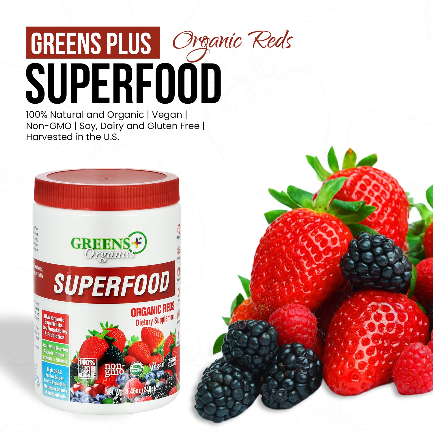 Greens+ Organic Reds Superfood Powder Camu Camu Dietary 400mg Vitamin C SuperFruit Supplement 120 Capsules, 100% Natural, Vitamins & Minerals, Vegan, Soy/Dairy/Gluten Free Greens+ Au supplements