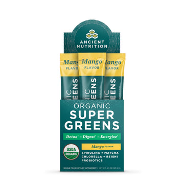 Ancient Nutrition SuperGreens Powder with Probiotics, Organic Mango Flavor Greens, Made from Real Fruits, Vegetables and Herbs, Digestive and Energy Support, 16 Stick Packs, 4.3oz Ancient Nutrition Au supplements