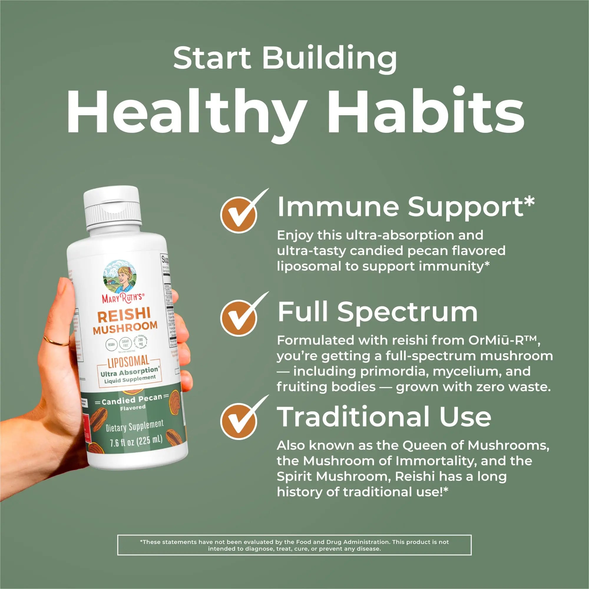 MaryRuth Organics Reishi Vegan Mushroom Supplement | Ultra Absorption Liposomal | Immune Support with 200mg Beta-Glucans, Vegan |Full Spectrum Reishi Mushrooms Fruiting Body | 7.6 oz, MARYRUTH'S Au supplements