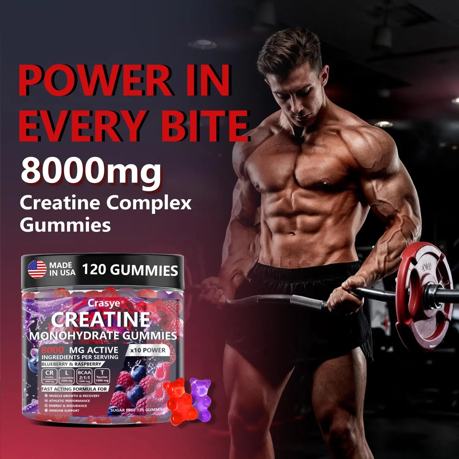 Crasye Creatine Gummies Complex 8000mg for Men and Women Creatine Monohydrate Gummy with BCAA Taurine for Muscle Strength and Energy Boost Sugar Crasye Au supplements