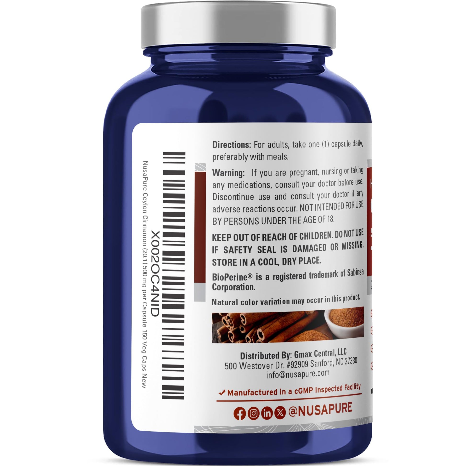 NusaPure Ceylon Cinnamon20:1 Extract, 500 mg Equivalent to 10,000 mg Per Caps | 150 Veggie Capsules | Non-GMO, Vegan with Bioperine NusaPure Au supplements