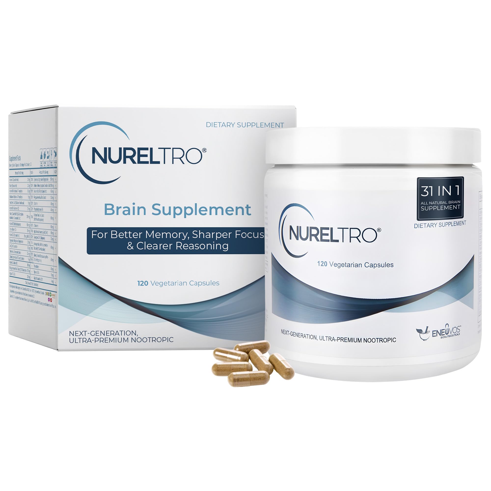 Nureltro All-in-One Nootropic Brain Supplement for Adults and Seniors w/Shoden® Ashwagandha | Supports Memory, Focus, Mood, Mental Clarity, and Brain Health - Caffeine-Free (120 Capsules) Nureltro Au supplements