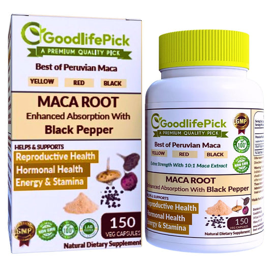 Peruvian Maca Root Capsules 150 ct. Powerful Maca Blend of Yellow Red & Black Maca Root with Black Pepper. All Natural NonGMO Vegan No Stearate No Rice Powder No Silica No Filler GoodlifePickAu supplements