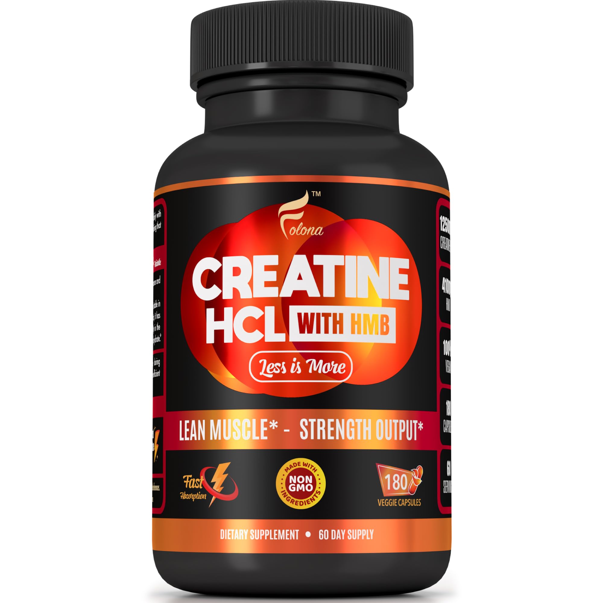 Creatine HCL Capsules with HMB - Workout Supplement for Men & Women, Muscle Builder, Endurance, Strength, Superior to Monohydrate: Instantized for Max Absorption, No Load, No Bloat, 180 Vegan Capsules FOLONA Au supplements