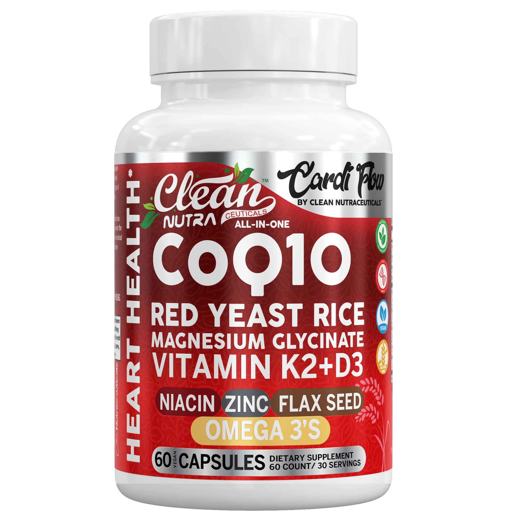 Clean Nutra CoQ10 Red Yeast Rice Magnesium Glycinate Vitamin K2 D3 Niacin Zinc Flax Seed Omega 3 Capsules 60 Count All in One Formula Premium Ingredients Dietary Supplement Clean Nutraceuticals Au supplements