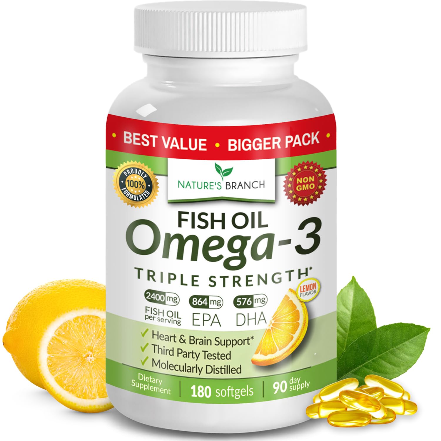 Triple Strength Omega 3 Fish Oil Supplements 2400mg | 180 Capsules, Burpless High Potency Lemon Flavor, High EPA DHA for Men & Women Ultra Pure Softgels | Joint Support, Eyes, Heart Brain Health Pills NATURE'S BRANCH Au supplements