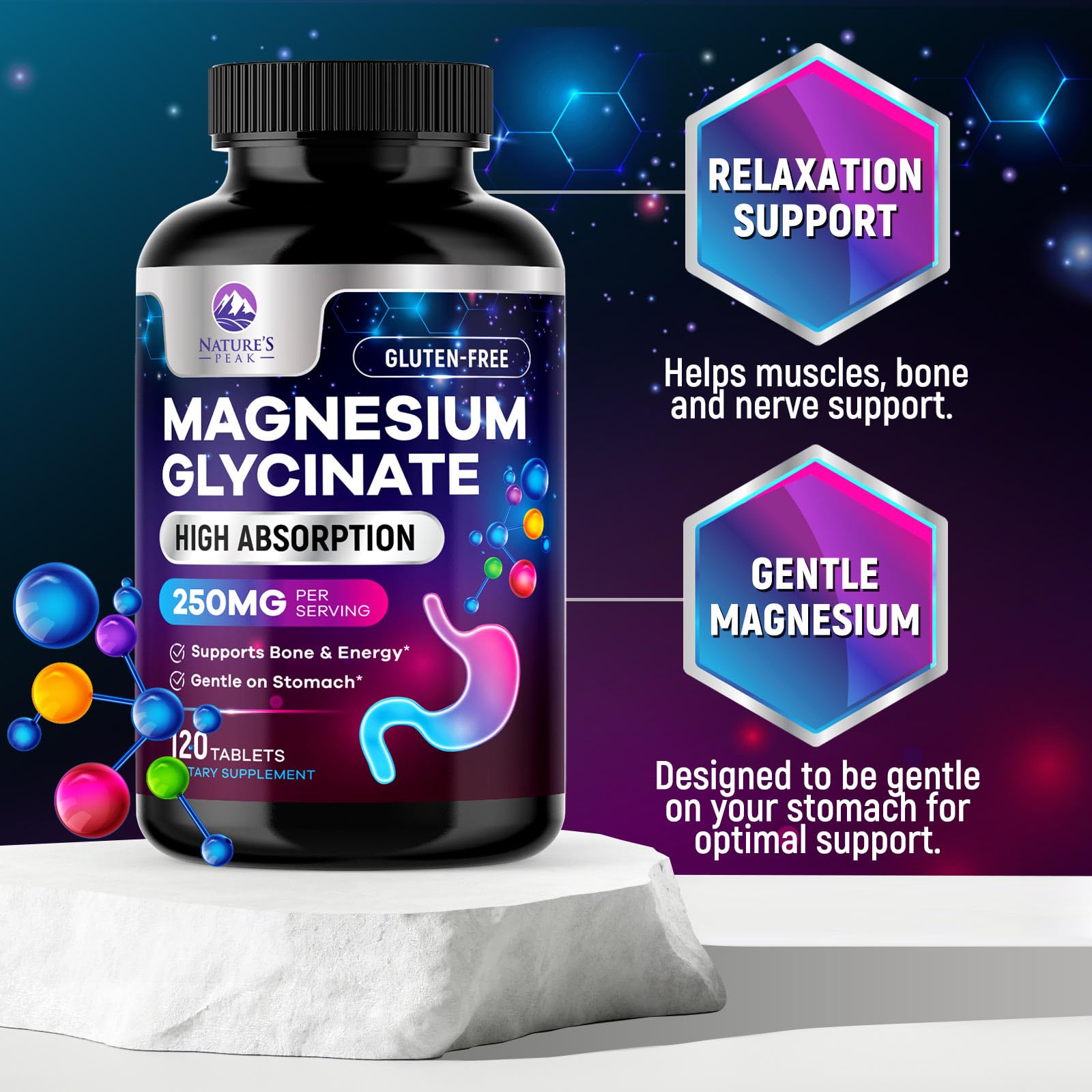 Magnesium Glycinate Supplement 250mg - 100% Chelated & Purified - to Support Sleep, Heart Health, Muscles, & Bone Strength - Best Absorption Magnesium Glycinate Capsules, Bottled in USA - 120 Tablets Nature's Peak Au supplements