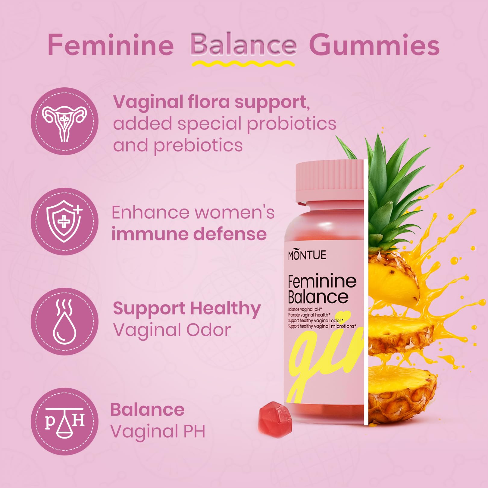 Montue Premium Diamond Feminine Balance Gummies-pH Balance with Prebiotics & Lactobacillus Probiotic Blend&Hawaiian Pineapple Immune Support,Vegan& Non-GMO（30 Gummies） Montue Au supplements