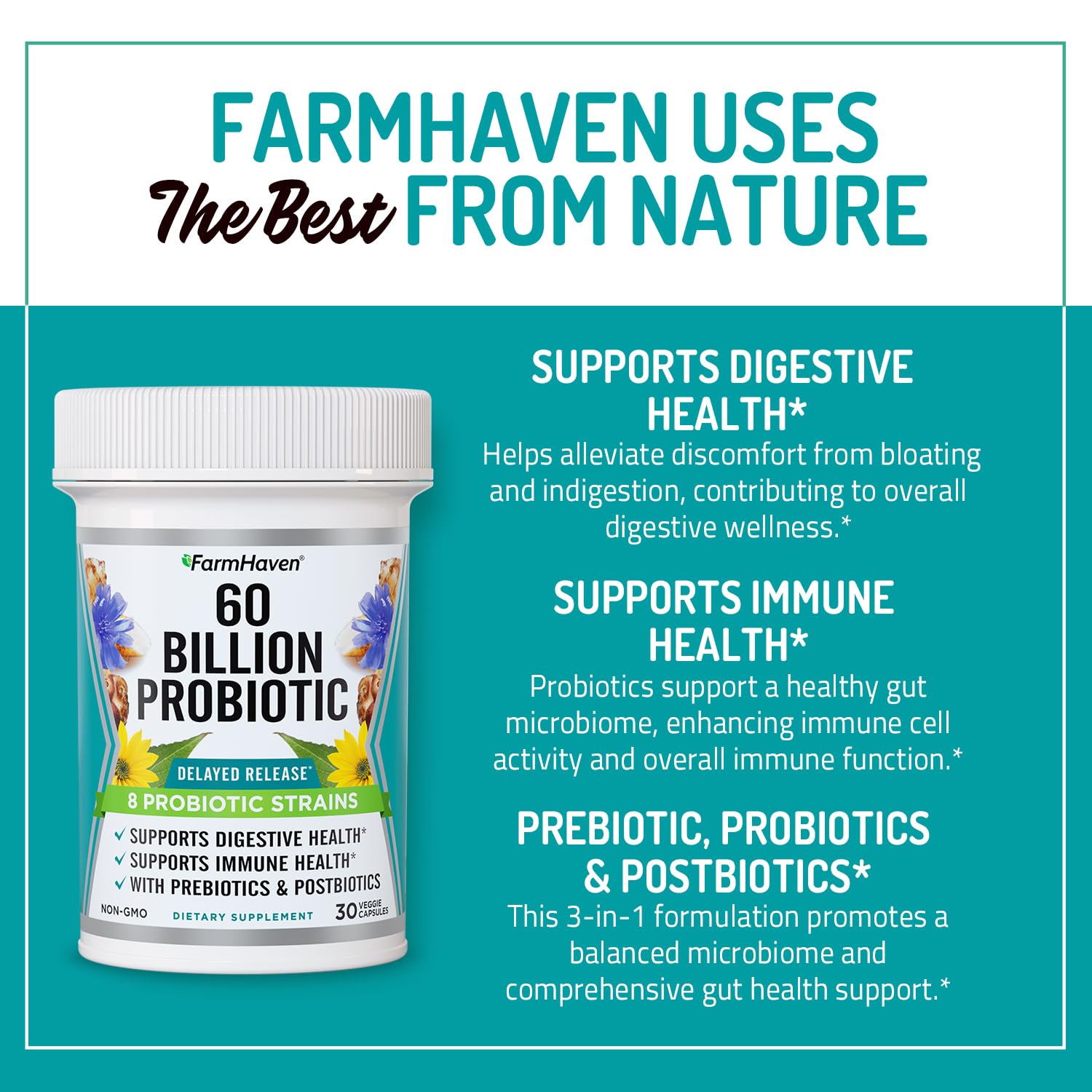 FarmHaven 60 Billion CFU Probiotic - 8 Probiotic Strains - Prebiotics & Postbiotics - Supports Digestive & Immune Health - Delayed Release - Shelf Stable - Non-GMO, Gluten Free - 30 Caps FarmHaven Au supplements
