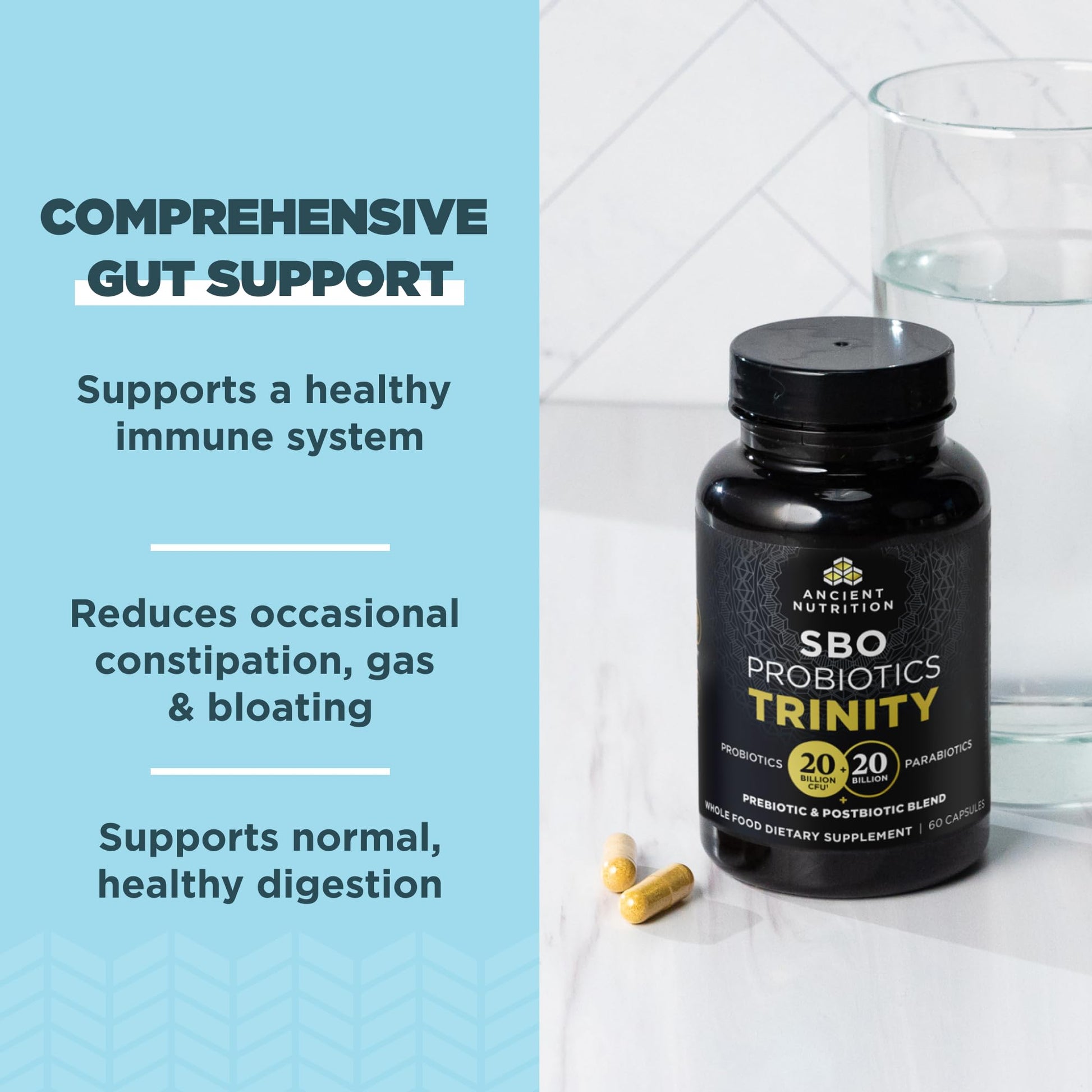 Ancient Nutrition SBO Probiotic Trinity Daily Care, Probiotics for Digestive Health, 40 Billion Blend of Prebiotics, Probiotics, Postbiotics, and Parabiotics Reduces Occasional Bloating, 60 Count Ancient Nutrition Au supplements