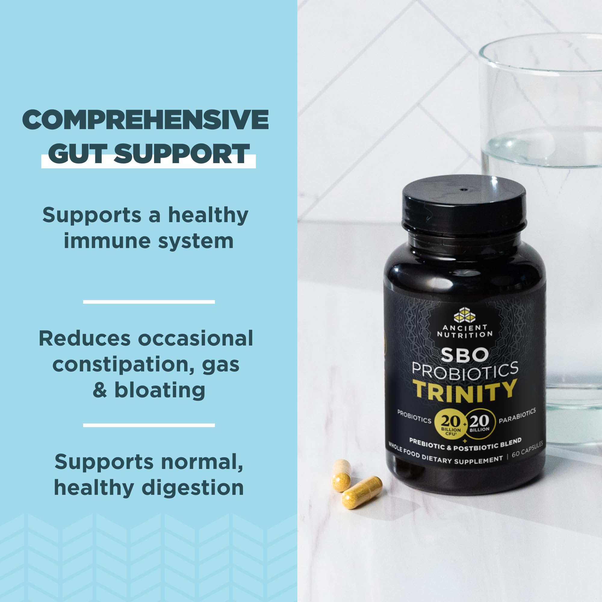 Ancient Nutrition SBO Probiotic Trinity Daily Care, Probiotics for Digestive Health, 40 Billion Blend of Prebiotics, Probiotics, Postbiotics, and Parabiotics Reduces Occasional Bloating, 60 Count Ancient Nutrition Au supplements
