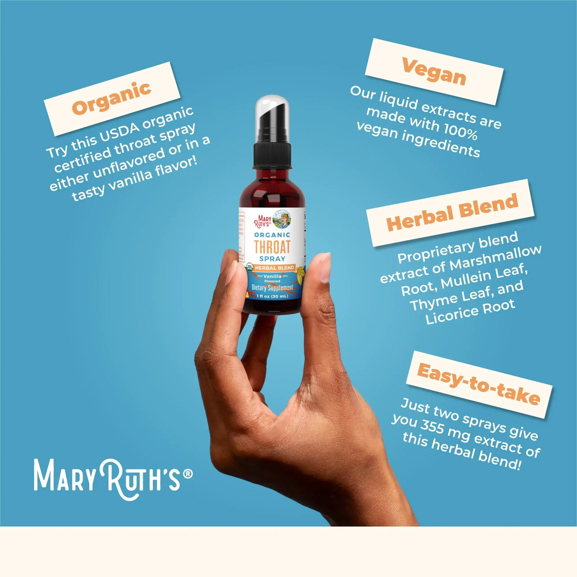 MaryRuth Organics USDA Organic Throat Spray with Mullein Leaf | Marshmallow Root & Licorice Root & Thyme Leaf | Vanilla | 4 Herbal Blend | Non-GMO | Vegan | Gluten Free | 1 Fl Oz | Up to 100 Servings MARYRUTH'S Au supplements
