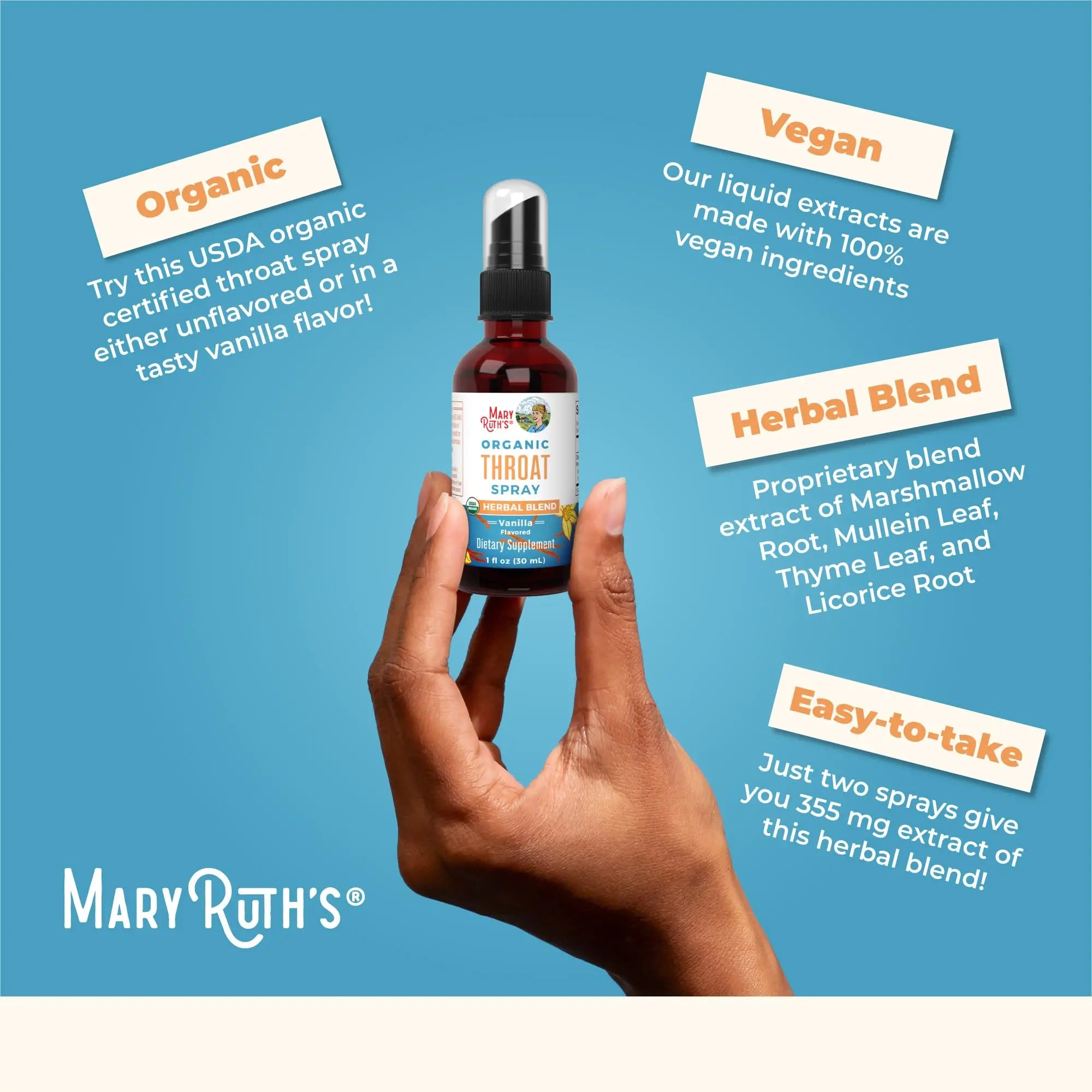 MaryRuth Organics USDA Organic Throat Spray with Mullein Leaf | Marshmallow Root & Licorice Root & Thyme Leaf | Vanilla | 4 Herbal Blend | Non-GMO | Vegan | Gluten Free | 1 Fl Oz | Up to 100 Servings MARYRUTH'S Au supplements