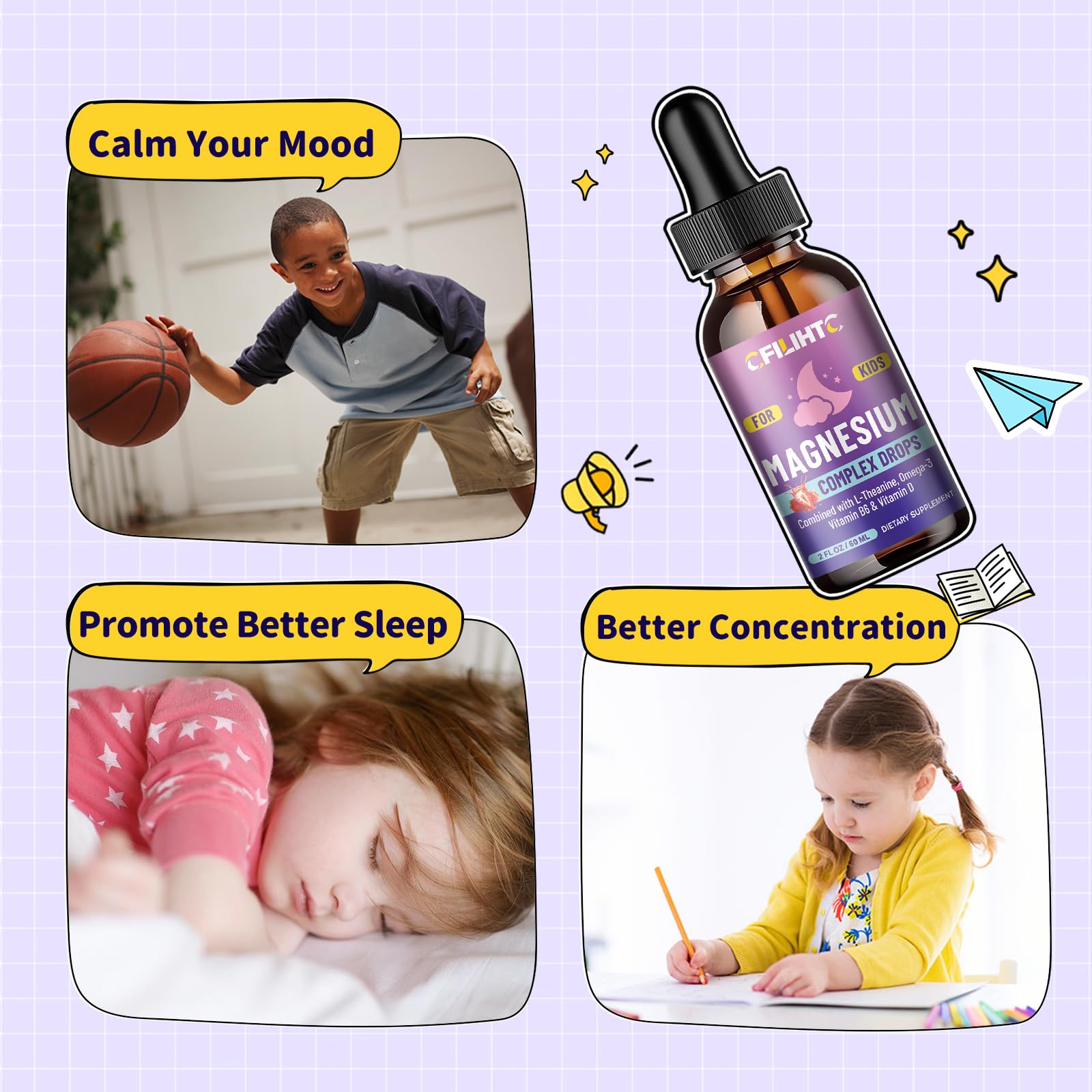 Kids Magnesium Liquid Drops-Magnesium Glycinate Liquid for Kids Supplement-w/L-theanine, Omega-3, Vitamin B6, D3 - for Sleep, Relaxation, Brain, Bones - 4 Fl Oz Children's Calm CFILIHTC Au supplements