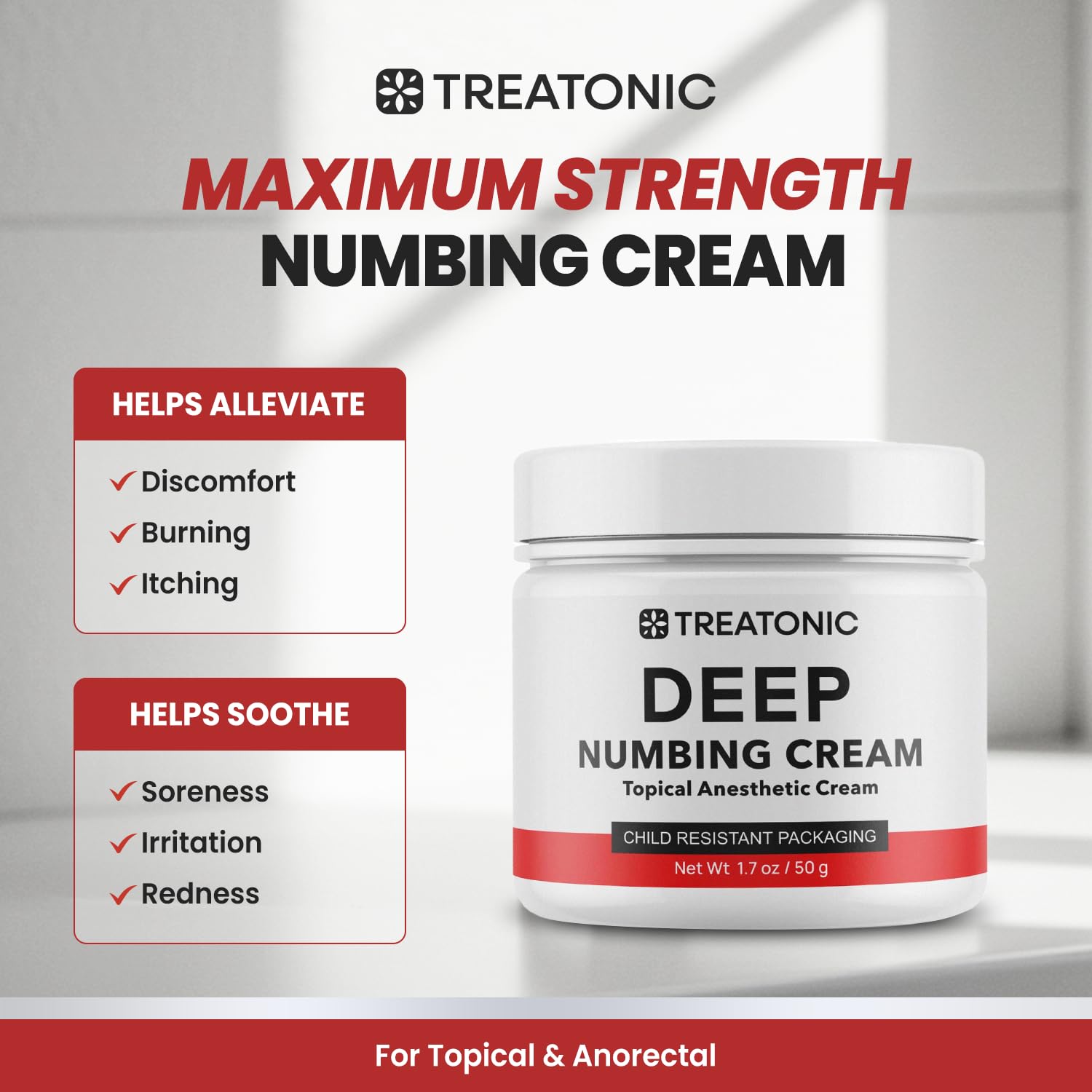 Treatonic Maximum Strength Numbing Cream: Numbing Cream for Discomfort, Burn, Itch & Pain Relief - Fast-Acting, Soothing Topical Anesthetic with Menthol & Emu Oil for Hemorrhoid Treatment – 1.7oz Treatonic Au supplements