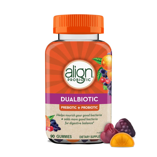 Align Dualbiotic, Prebiotics and Probiotics for Women and Men, Probiotics for Digestive Health, Prebiotics Help Nourish Good Bacteria, Natural Fruit Flavors, 90 Probiotic Gummies AlignAU supplements