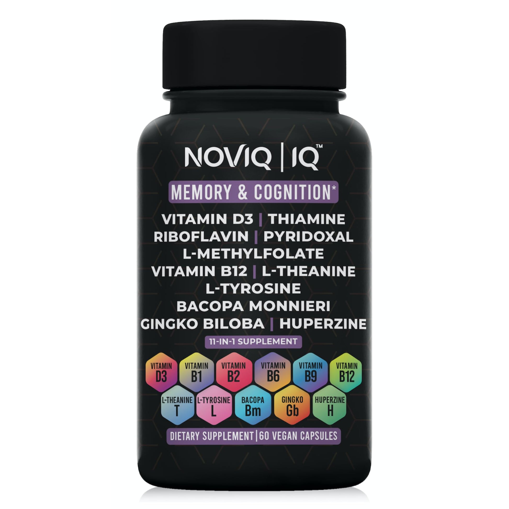 11-in-1 Nootropic Supplement: Supports Memory & Cognition - 100mg Ginkgo 150mg Bacopa 300mcg Huperzine 200mg L-Theanine 150mg L-Tyrosine & Bioactive B-Complex w/ 5-MTHF - 1,100mg+ Serving - 60 Count NOVIQ Au supplements