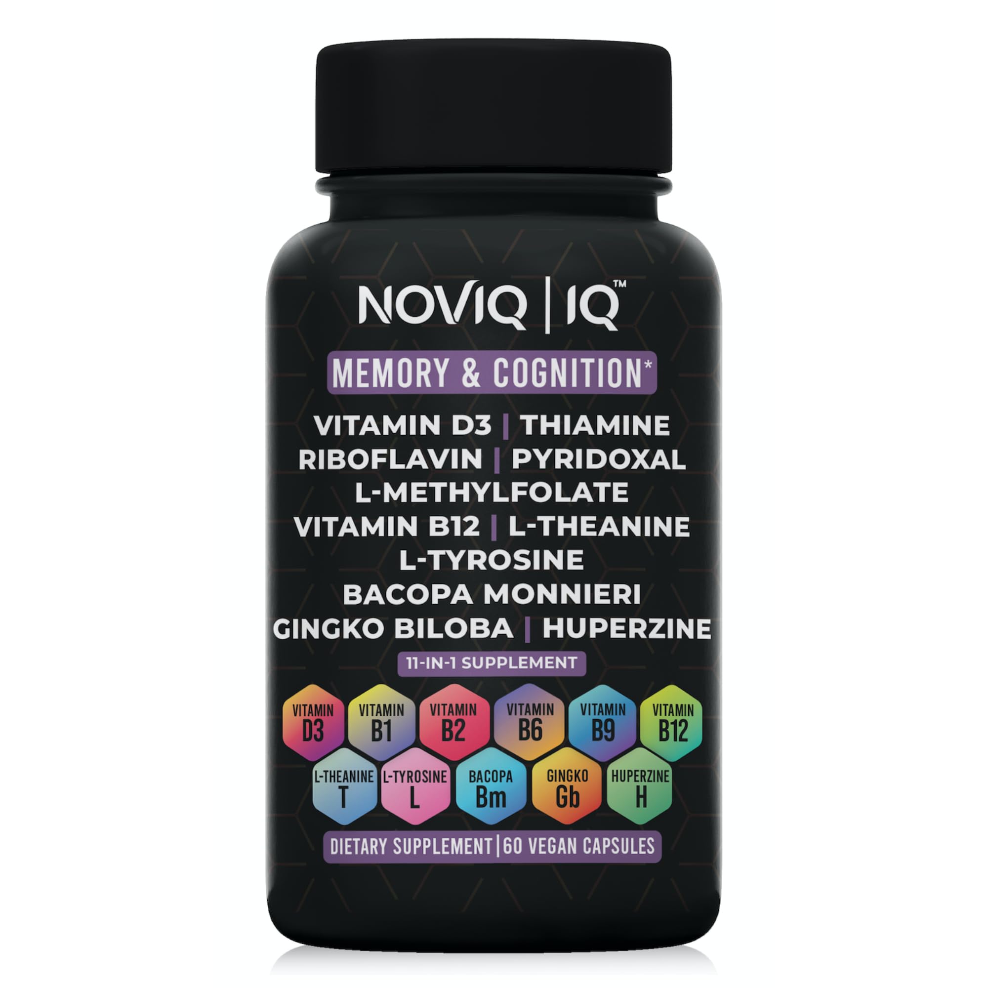 11-in-1 Nootropic Supplement: Supports Memory & Cognition - 100mg Ginkgo 150mg Bacopa 300mcg Huperzine 200mg L-Theanine 150mg L-Tyrosine & Bioactive B-Complex w/ 5-MTHF - 1,100mg+ Serving - 60 Count NOVIQ Au supplements