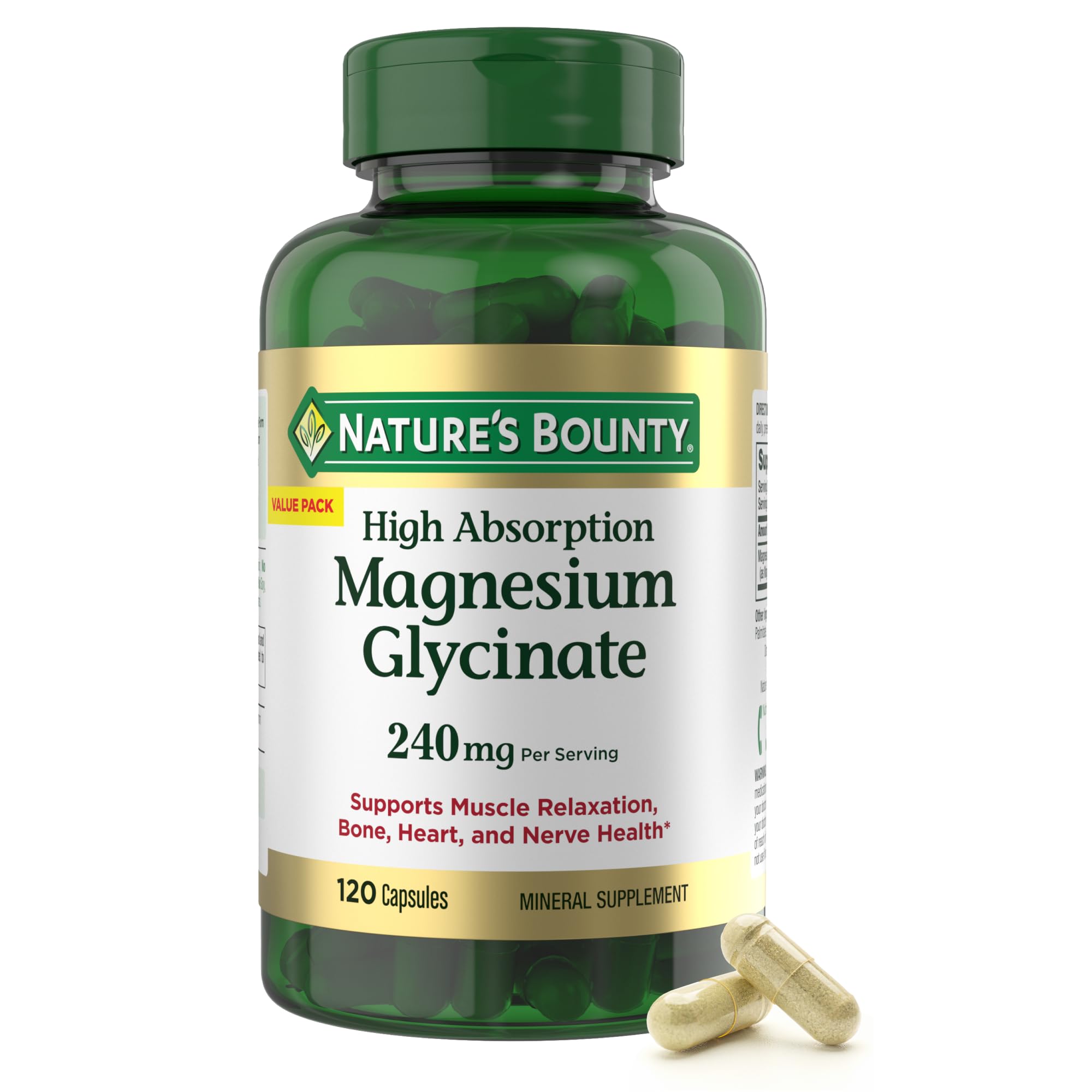 Nature’s Bounty High Absorption Magnesium Glycinate 240 mg for Supporting Muscle Relaxation and Bone, Heart & Nerve Health – Non-GMO, Gluten-Free, Vegetarian, 120 Count/60 Servings Nature's Bounty Au supplements