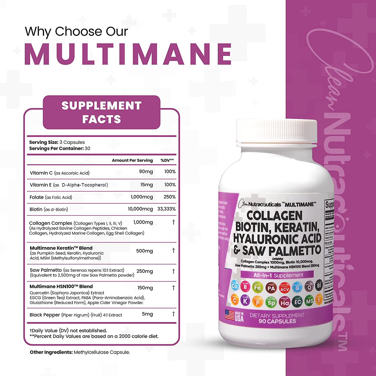 Collagen Pills 1000mg Biotin 10000mcg Keratin Saw Palmetto 2500mg 90 Ct Clean Nutraceuticals Au supplements