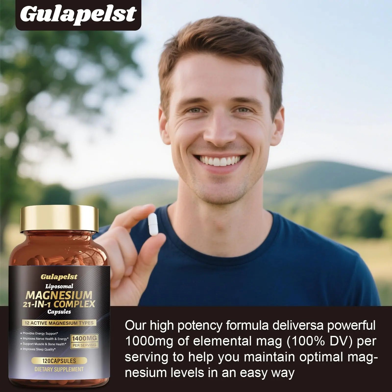 21 in 1 Liposomal 1400mg Magnesium Complex (Citrate, Glycinate, Malate etc) Capsule - 12 Active Types Magnesium with Vitamin D3, B6, B12, C, Ashwagandha & CoQ10 for Women & Men - Support Bone & Muscle Gulapelst Au supplements