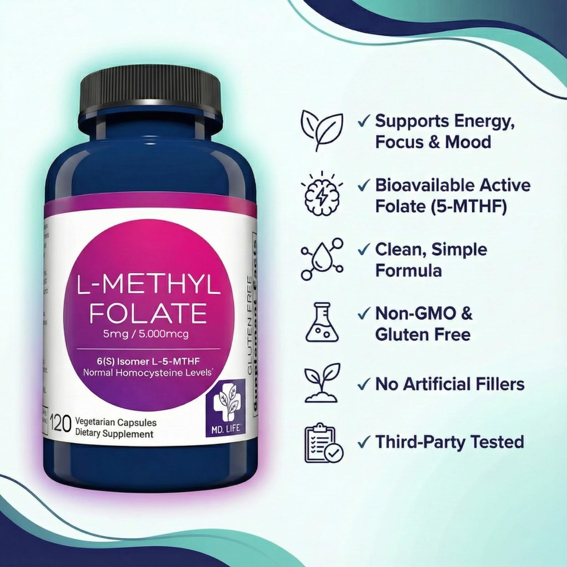 MD Life L-Methylfolate 5 mg Supplement - Professional-Grade Active L Methylfolate Supplement - 120 Capsules - L-Methylfolate 5mg - Maximum Potency MTHFR W/Essential Amino Acids MD.LIFE Au supplements