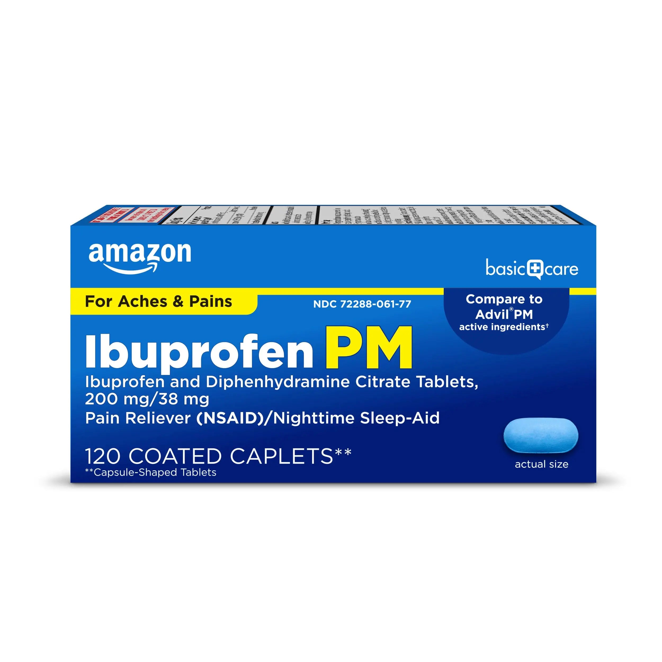 Amazon Basic Care Ibuprofen PM, Ibuprofen 200 mg and Diphenhydramine Citrate 38 mg, Pain Reliever and Nighttime Sleep-Aid, Capsule-Shaped Tablets, 120 Count Amazon Basic Care Au supplements