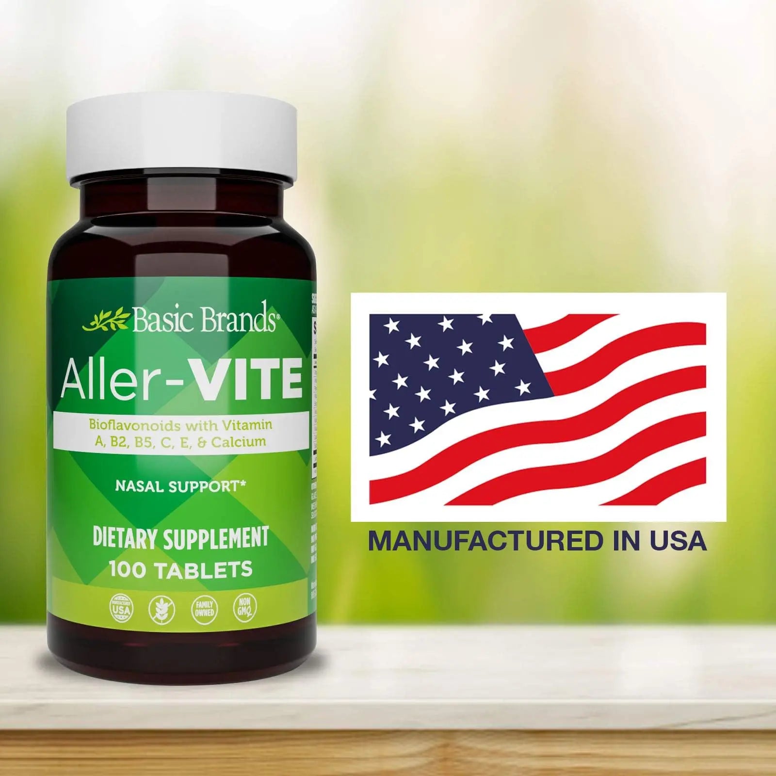 Basic Brands Aller Vite Nasal Support Tablets for Seasonal Allergy Relief, High Bioflavonoid Complex with Vitamins and Calcium, Gluten Free Daily Supplement, 100 Tablets Basic Brands Au supplements
