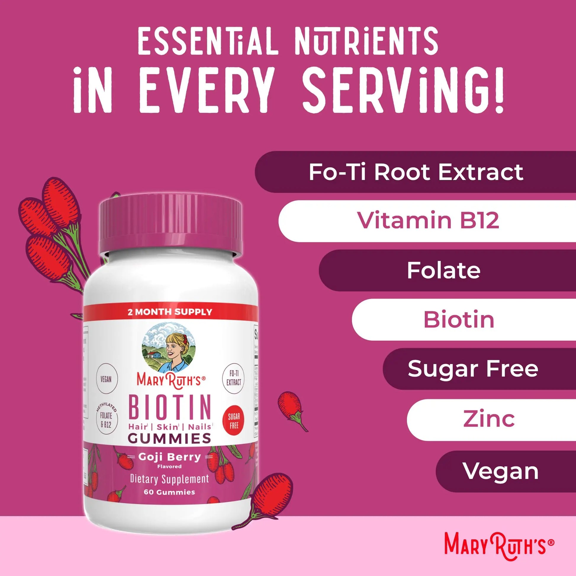 MaryRuth Organics Biotin Gummies | Sugar Free | Vegan | Non-GMO | 2,500 mcg Biotin Supplement | Hair Skin and Nails Vitamins | Hair Growth Vitamins | Hair Growth Supplement | 60 Count MARYRUTH'S Au supplements