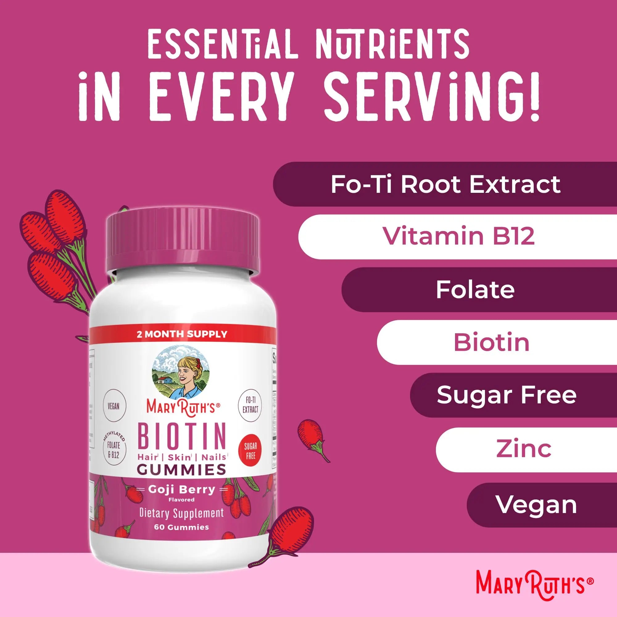 MaryRuth Organics Biotin Gummies | Sugar Free | Vegan | Non-GMO | 2,500 mcg Biotin Supplement | Hair Skin and Nails Vitamins | Hair Growth Vitamins | Hair Growth Supplement | 60 Count MARYRUTH'S Au supplements