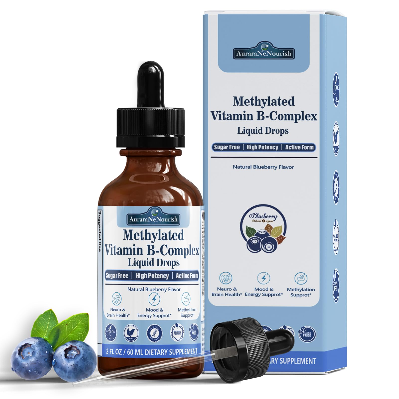 Methylated B Complex Liquid Drops, Complete Methyl B Complex Multivitamin w. 5-MTHF MethylFolate Inositol & Choline, Super B-Complex Methylated for MTHFR Support, Energy Mood Nerve & Brain Health AuraraNeNourish Au supplements