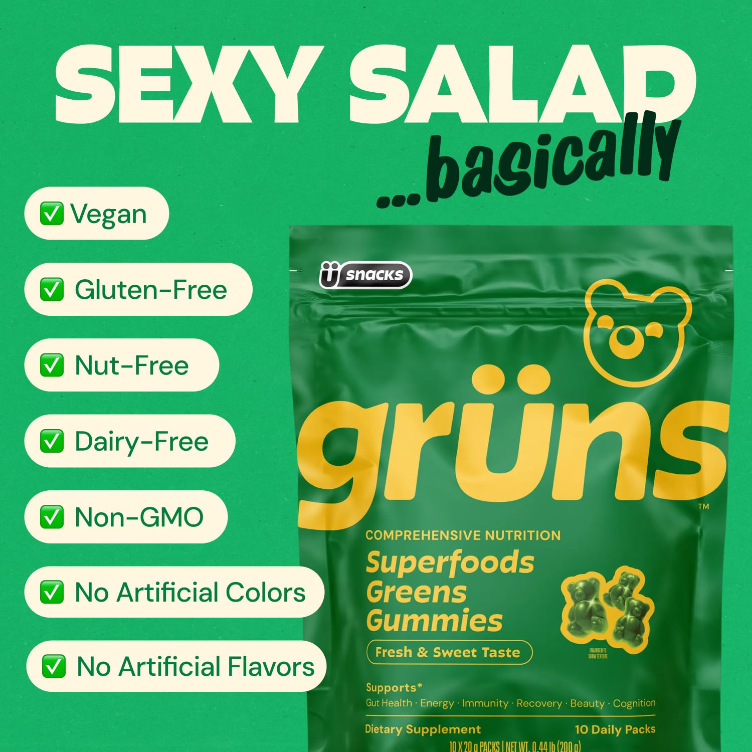 Gruns Adult Super Greens Multivitamin Gummies, Superfood Gummy Vitamins for Women and Men with Spirulina, Chlorella, Adaptogens & Prebiotic Fiber for Digestive Health (28 Count) Grüns Au supplements