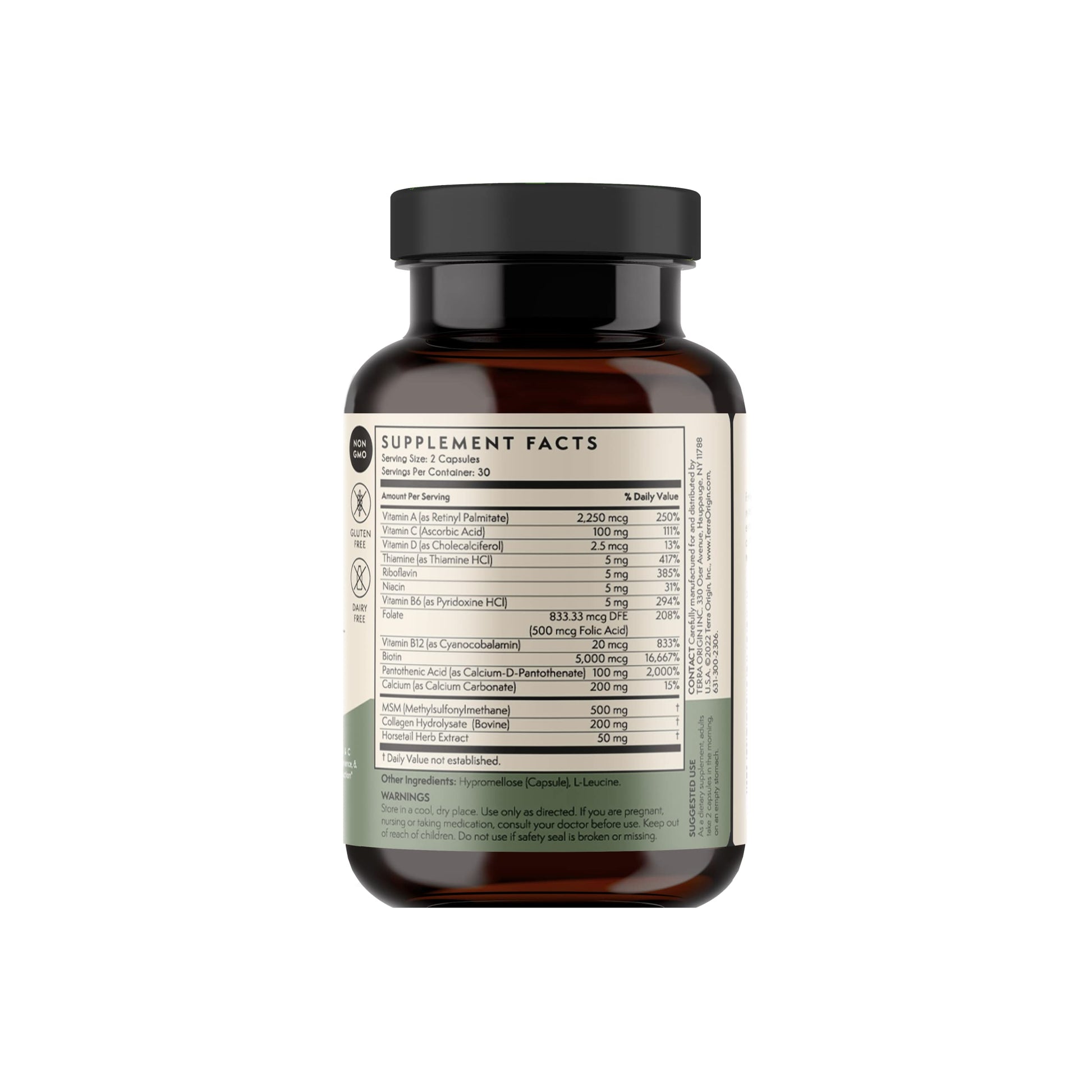 TERRA ORIGIN Healthy Hair, Skin and Nails Supplement | Collagen, Biotin, Horsetail & B-Complex | Supports Hair Strength, Skin Elasticity & Nail Growth | Vitamins for Women and Men | 60 Capsules TERRA ORIGIN Au supplements