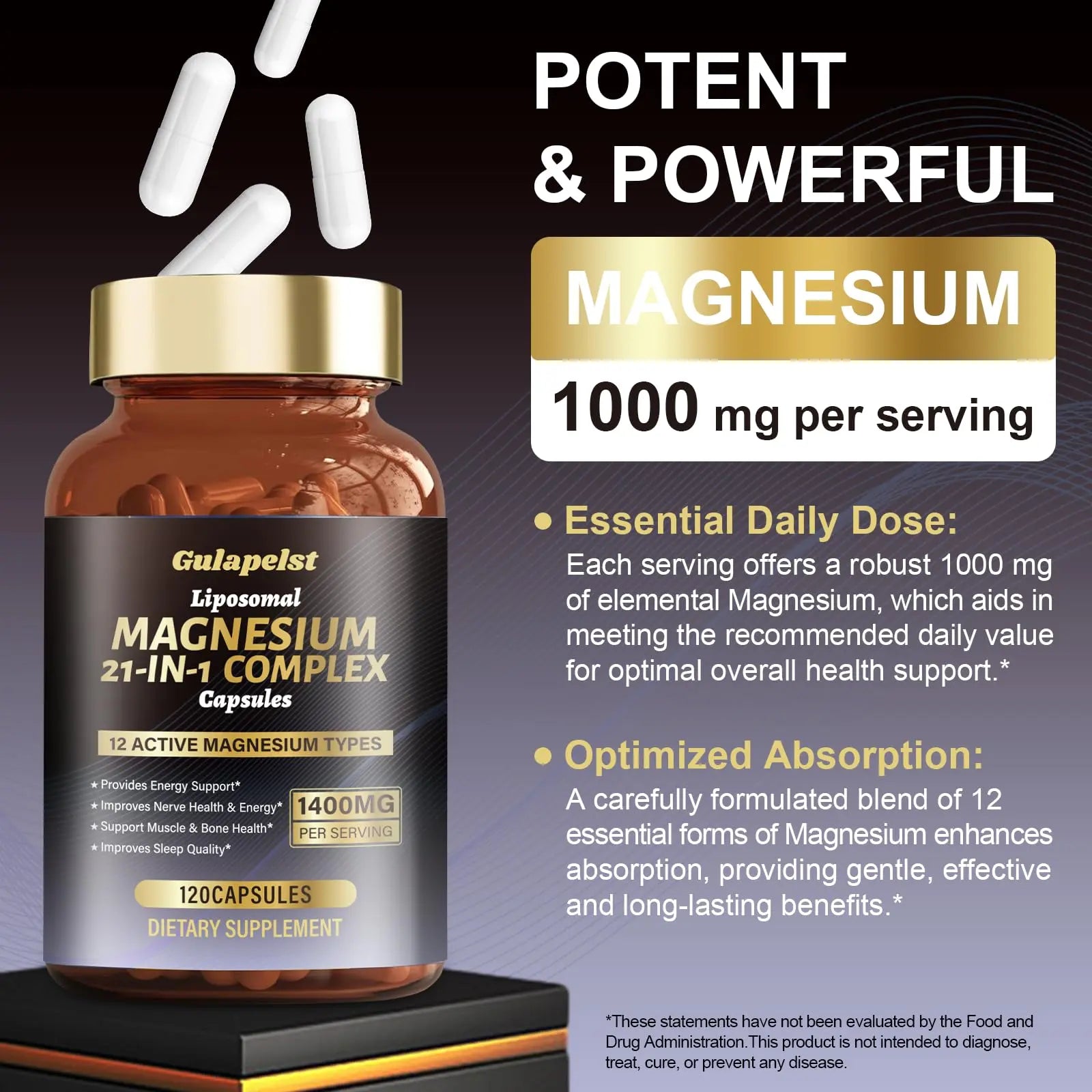 21 in 1 Liposomal 1400mg Magnesium Complex (Citrate, Glycinate, Malate etc) Capsule - 12 Active Types Magnesium with Vitamin D3, B6, B12, C, Ashwagandha & CoQ10 for Women & Men - Support Bone & Muscle Gulapelst Au supplements