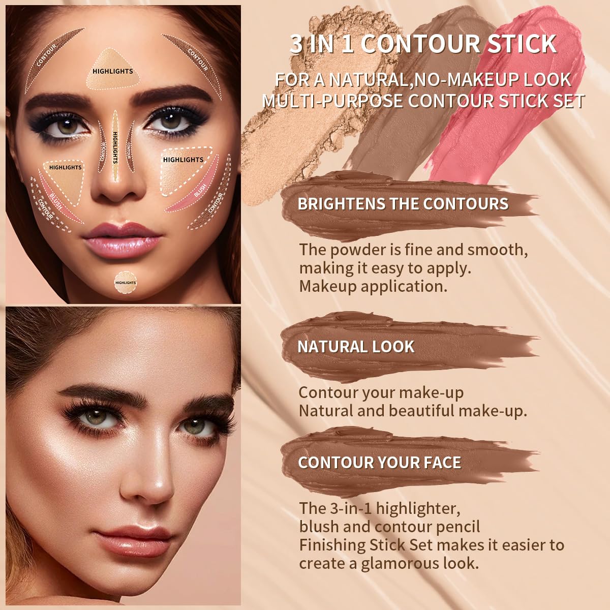 3Pcs Cream Contour Sticks Kit, Highlighter Stick Blush Stick Cream Contour Kit Makeup Set with Brush,Face Brightens & Shades Contour Stick Waterproof for Women QIC Au supplements