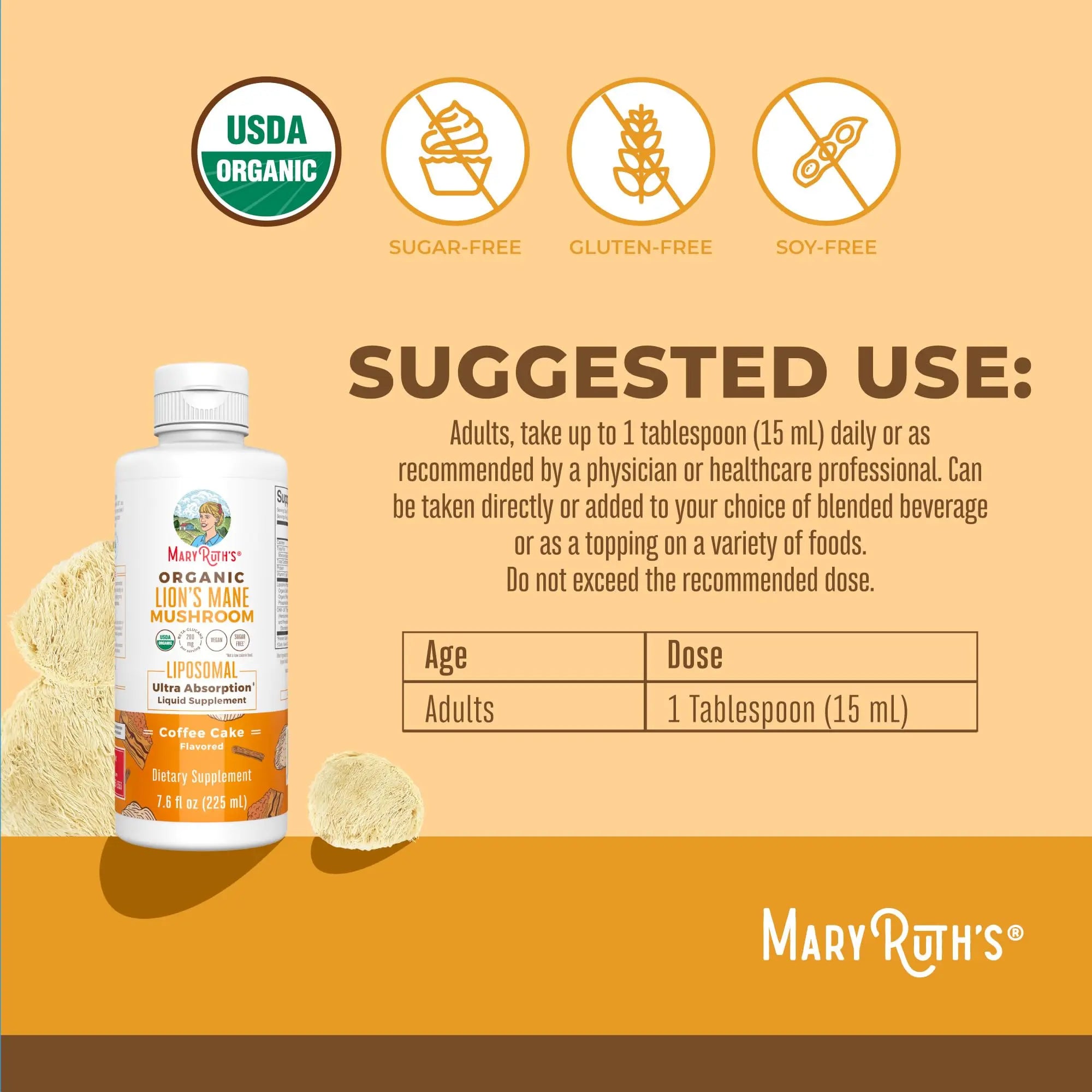 MaryRuth Organics Lions Mane Supplement | Ultra Absorption Liposomal | Full Spectrum Lion's Mane Mushroom | 200mg Beta-Glucans Per Serving | USDA Organic | Vegan | 7.6 oz | 15 Servings MARYRUTH'S Au supplements