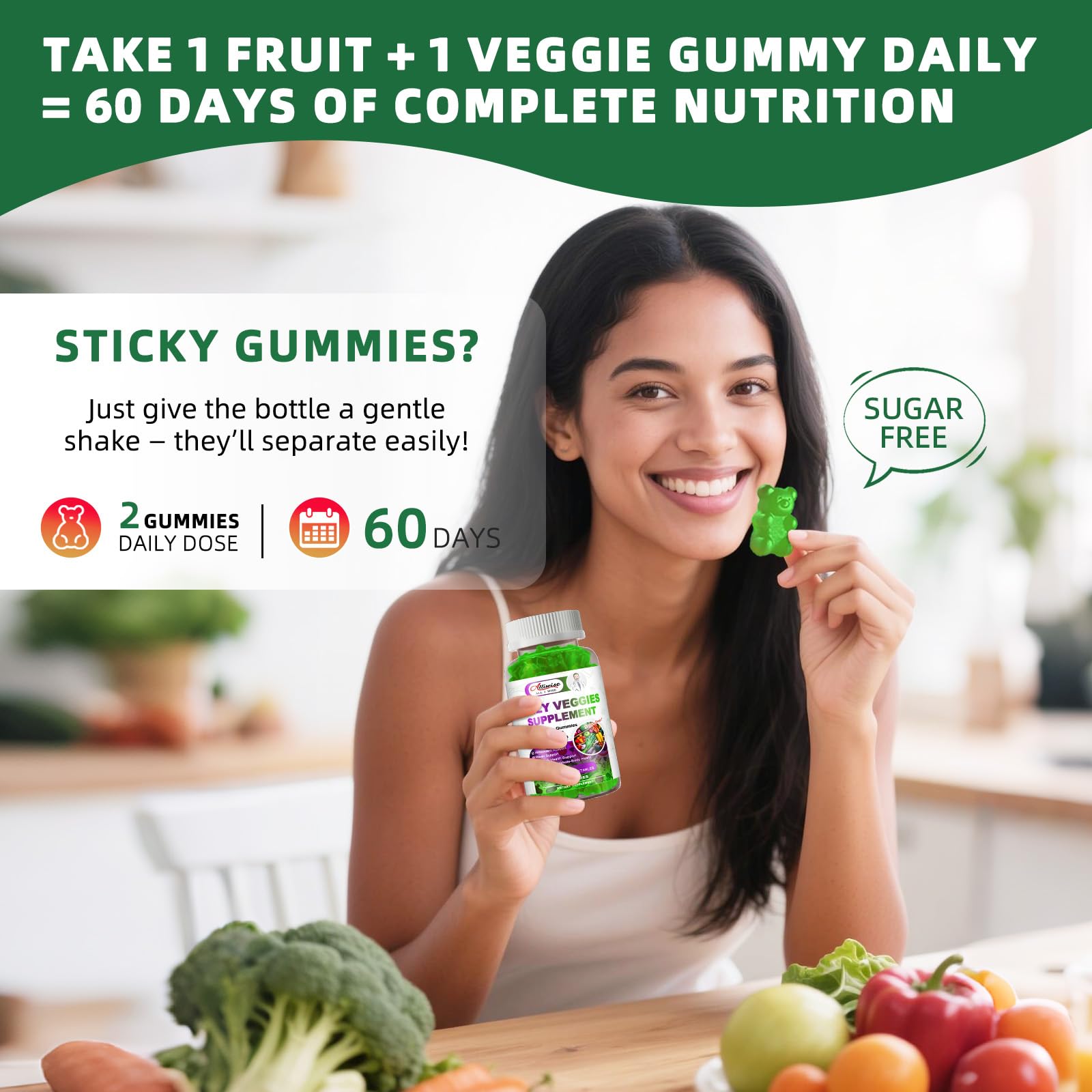 Sugar-Free Fruits & Veggies Gummies, Super Greens with 23 Fruits & 25 Veggies, Multivitamin Minerals & Fiber, Vegan Fruit & Vegetable Supplement for Adults, 120 Gummies, 2 Month Supply Alliwise Au supplements
