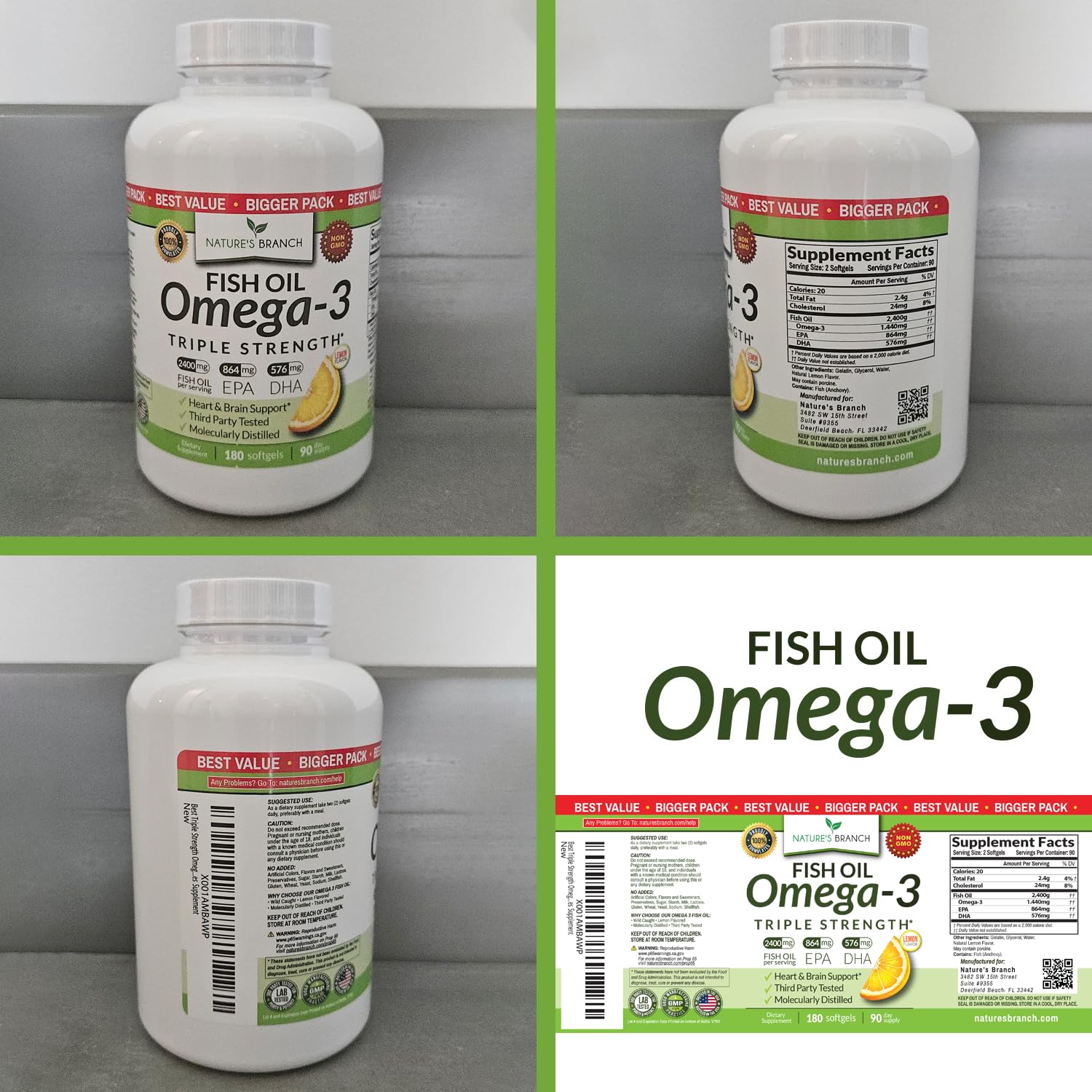 Triple Strength Omega 3 Fish Oil Supplements 2400mg | 180 Capsules, Burpless High Potency Lemon Flavor, High EPA DHA for Men & Women Ultra Pure Softgels | Joint Support, Eyes, Heart Brain Health Pills NATURE'S BRANCH Au supplements