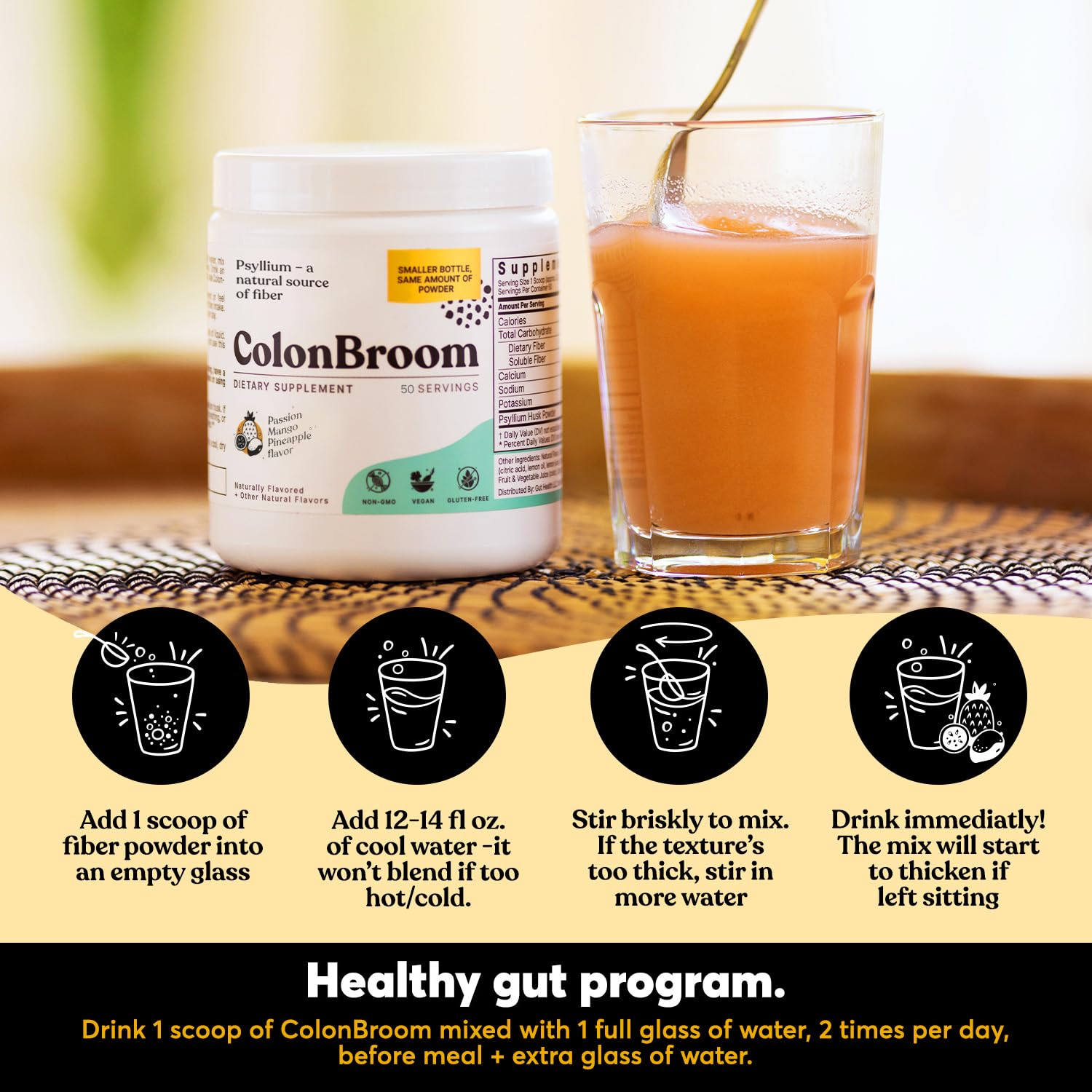 ColonBroom Psyllium Husk Powder with Stevia (Tropical Fruits) - Colon Cleanse for Bloating Relief & Gut Health - Colon Broom Fiber Powder Drink - Vegan Fiber Powder Stevia Supplement, 50 Servings ColonBroom Au supplements