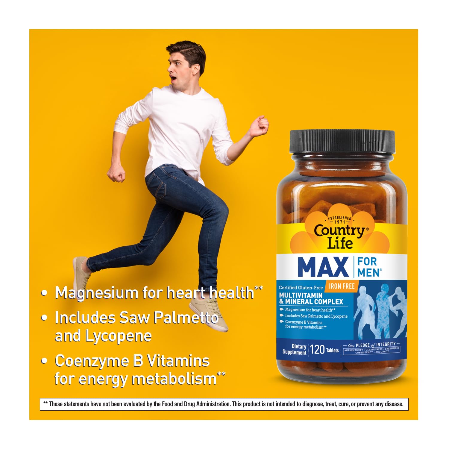 Country Life Max for Men Multivitamin: Iron-Free, Gluten Free, Saw Palmetto, Lycopene, Daily Support for Energy, Heart & Men's Health,120 Vegetarian Tablets Country Life Au supplements