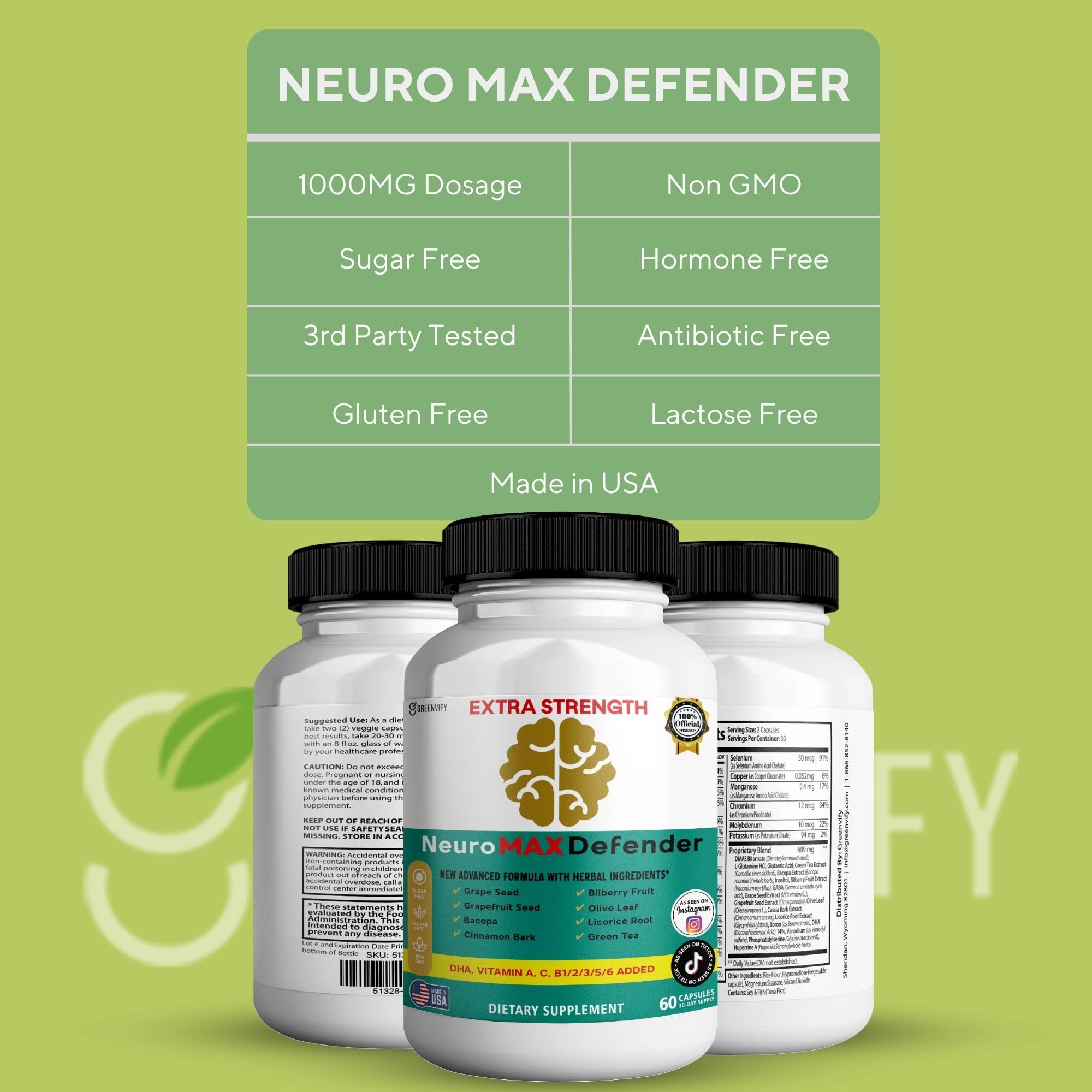 GREENVIFY NeuroMAX Defender Extra Strength Brain Support Supplement with Herbal Blend, 60 Capsules, DHA, B12, Vitamins A C D E, Selenium, 30-Day Supply (1) GREENVIFY Au supplements