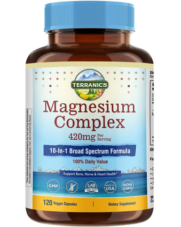 Terranics Magnesium Complex Supplement 420mg, 10-in-1 Full-Spectrum Formula, Glycinate, Citrate, Malate & More, Max Absorption, Bone and Heart Support, 120 Veggie Caps Terranics Au supplements