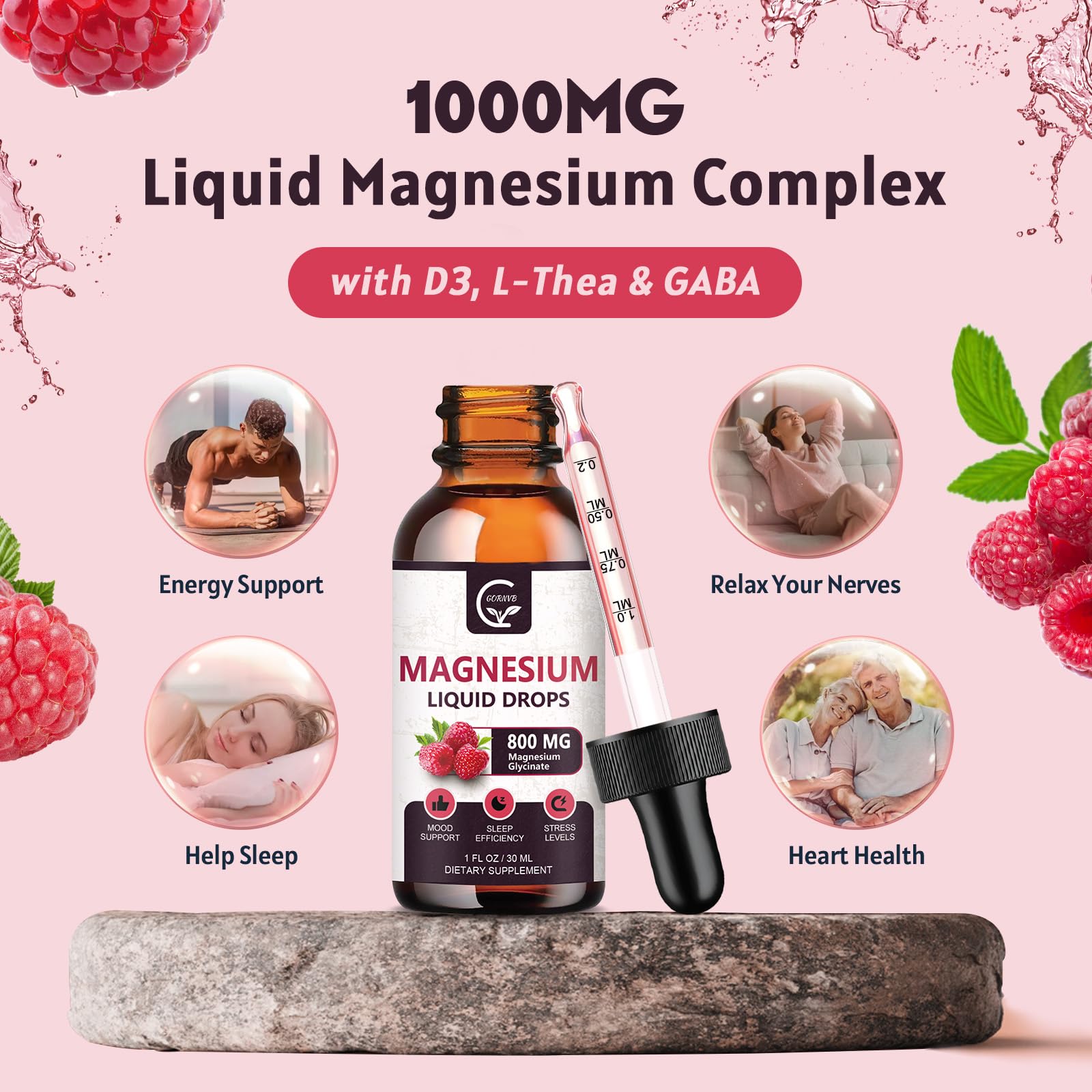 (2 Pack) Magnesium Glycinate Liquid Drops | 1000mg Liquid Magnesium Complex with D3, L-Thea & GABA for Energy, Sleep, Nerve and Heart Health, High Absorption, Raspberry Flavor GORNVB Au supplements