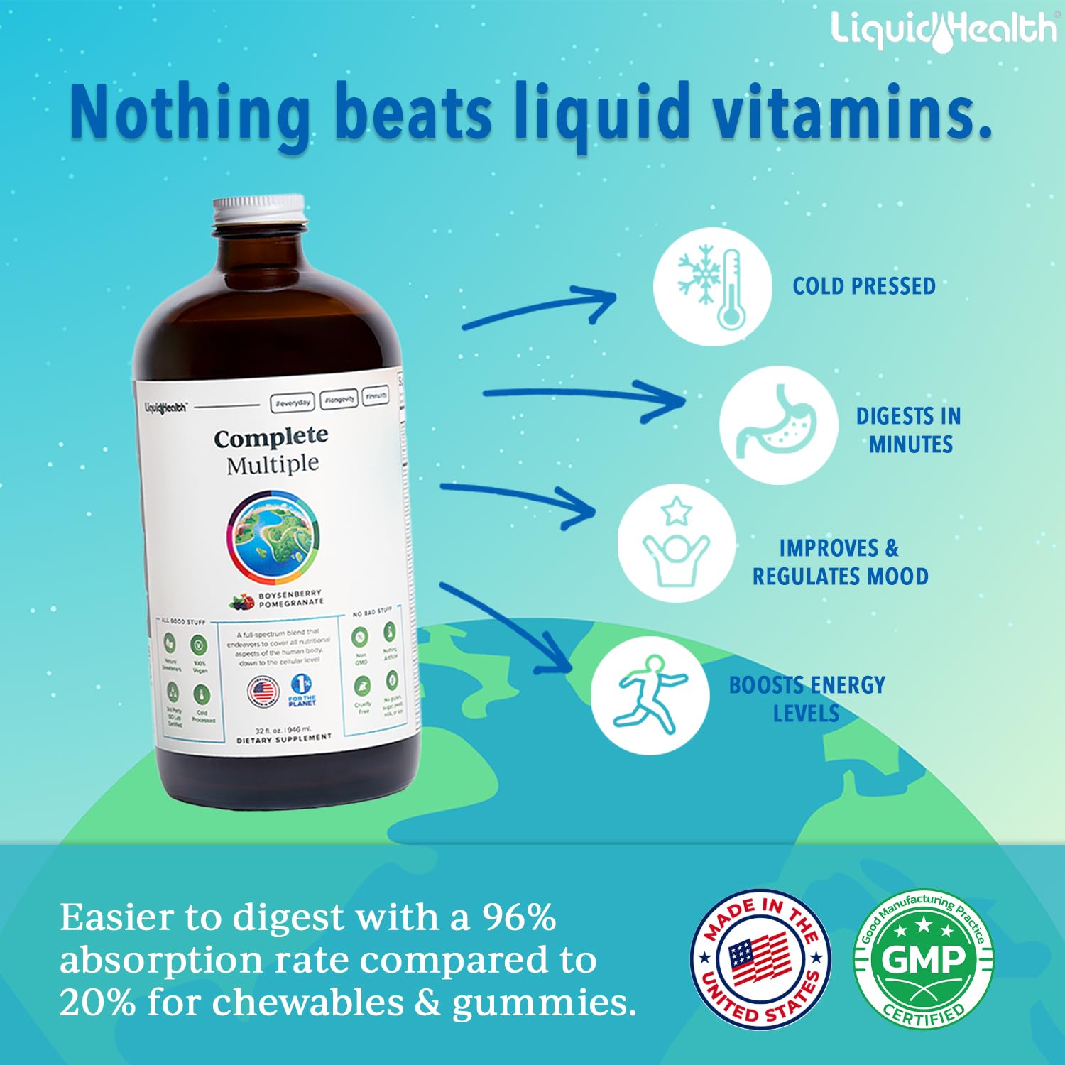 LIQUIDHEALTH Complete Multiple Adult Liquid Multivitamin - Essential Vitamins, Minerals & Nutrients, Immune Support, Gut Health, Energy, Detox - Made in USA, Vegan, Non-GMO, Sugar-Free (32 oz) LIQUIDHEALTH Au supplements