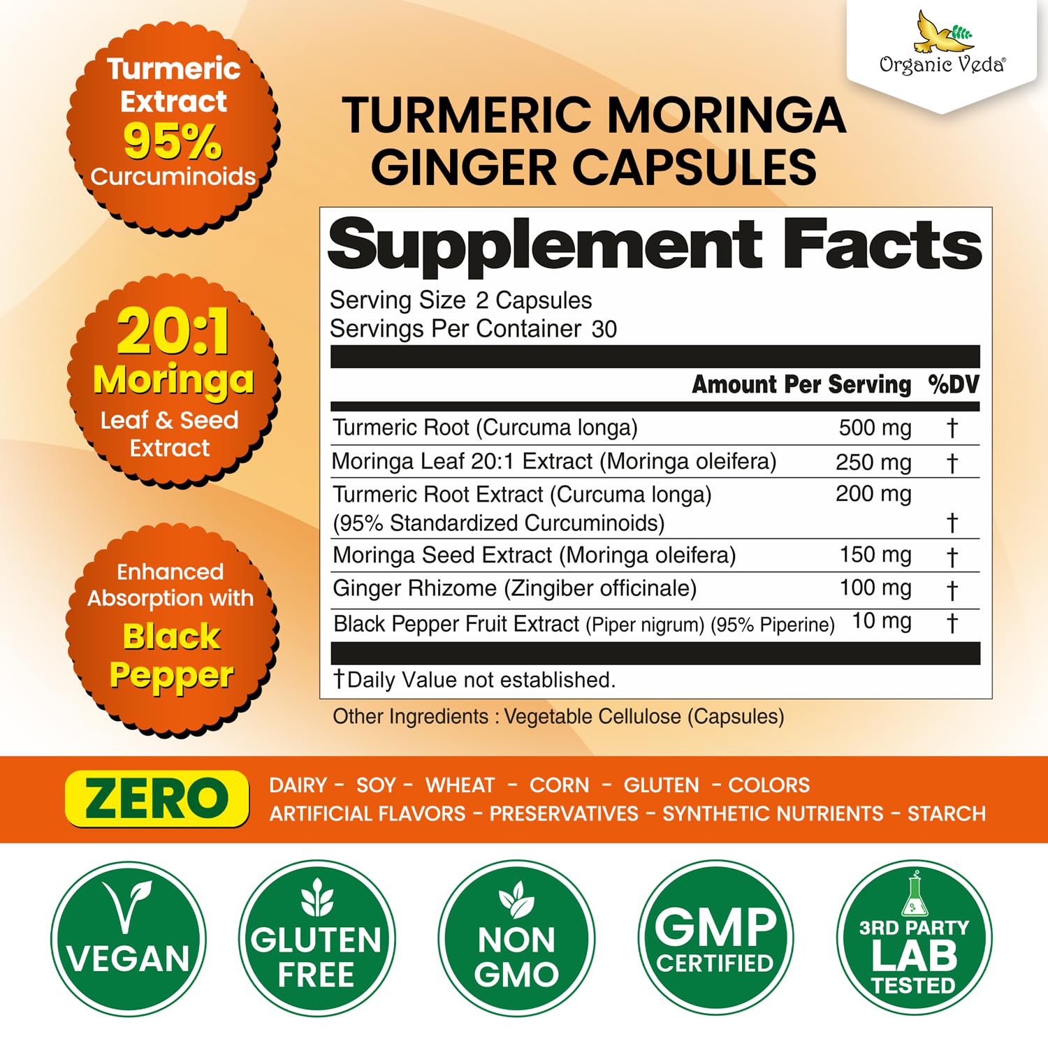 Organic Veda Turmeric Moringa Ginger Capsules - Super Antioxidants & Curcumin Supplement with 20:1 Moringa Leaf & Seed Extract, Black Pepper - Energy, Joints, Heart Health Support - 60 Vegan Pills Organic Veda Au supplements
