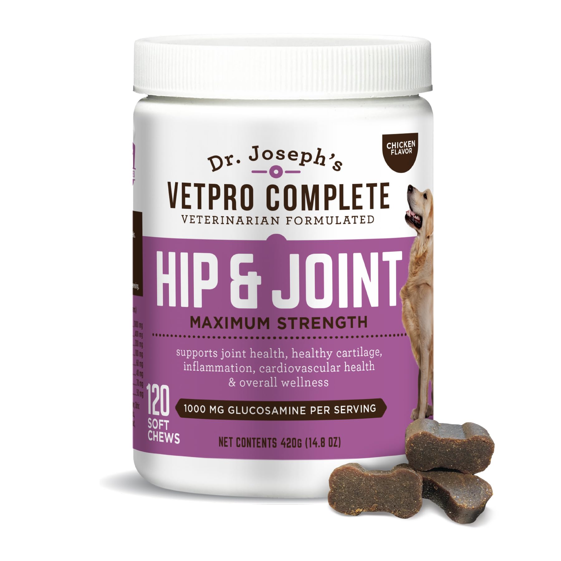 Dr. Joseph's VetPro Complete Dog Hip & Joint Supplement for Arthritis Pain Relief – High-Strength Glucosamine & Chondroitin Chews for Senior Dogs – Vet Formulated Daily Treats, Chicken Flavor, 120 Ct VetPro Complete Au supplements